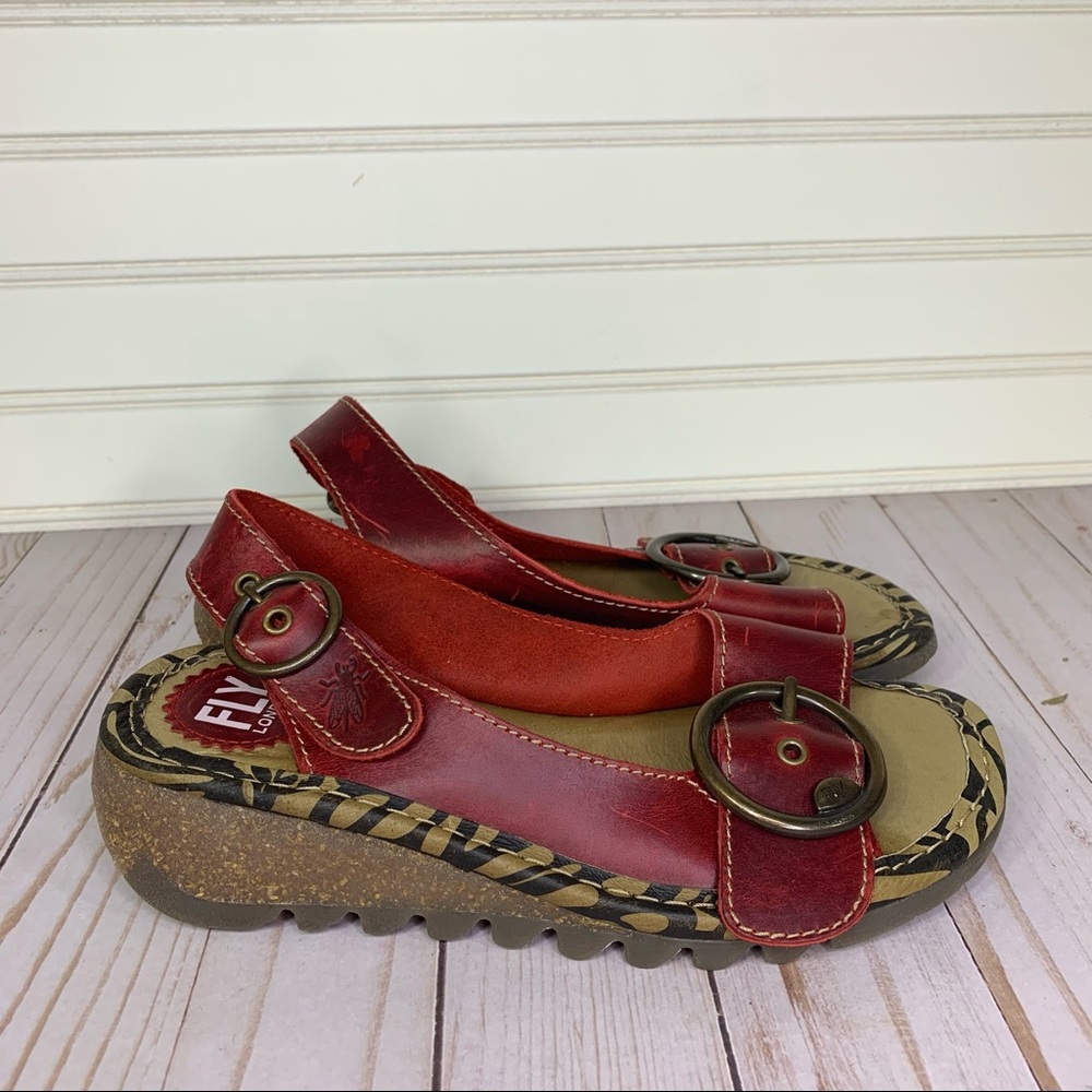 Fly London Red Leather Sandals Womens Size 6.5-7 37EU Buckle Strap Cute